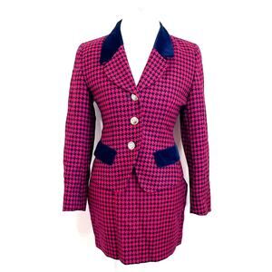 Vintage Y2K Evan Picone Preppy Mini Skirt Suit Size 6P Red Black Houndstooth USA